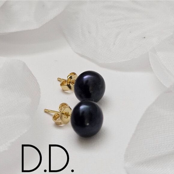 Natural Real Black South Sea Pearl  9 mm stud earrings and Real 14K Real Gold - Picture 3 of 6